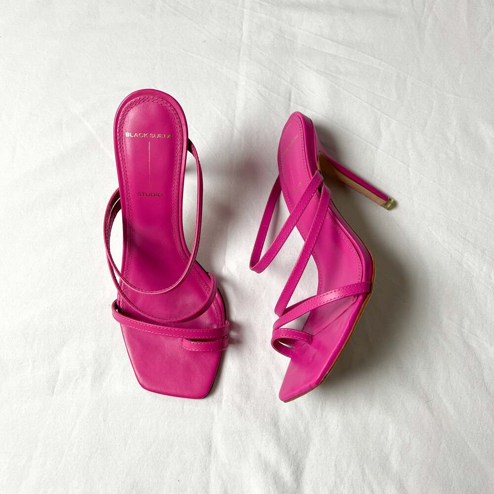 black suede studio cindy hot pink leather strappy toe ring heels sandals